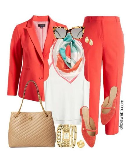 Plus Size Spring Work Capsule 2024 - Part 2 - Plus size hot coral suiting with a white blouse and printed scarf. Alexa Webb #plussize

#LTKstyletip #LTKplussize #LTKSeasonal