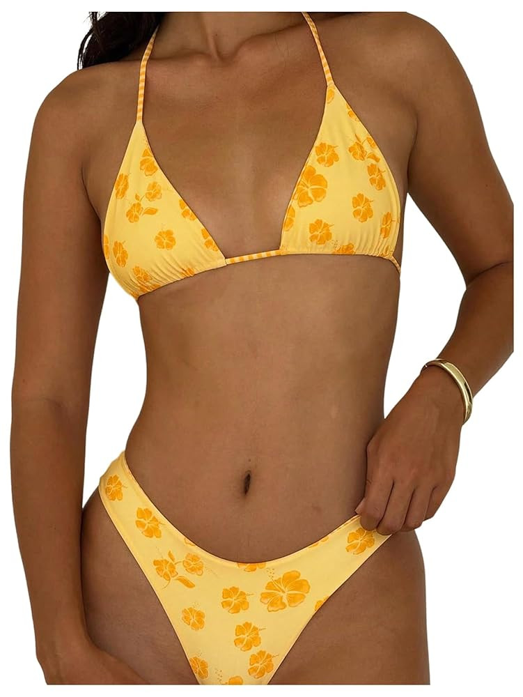 MakeMeChic Women's Halter Triangle Thong Bikini Sets High Cut Swimsuit Bathing Suit Swimwear | Amazon (US)