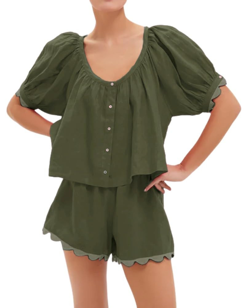 VAOYIU Women's Casual Elegance Two-Piece Linen Outfit Set with Scalloped Hem Summer Round Neck Pu... | Amazon (US)