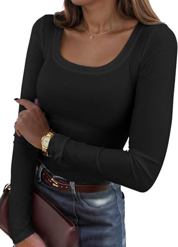 Newchoice Long Sleeve Scoop Neck T-Shirts for Women Ribbed Fitted Black Basic Tee Tops(Black,XL) | Amazon (US)