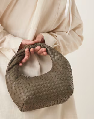 Gina Tricot braided weave small tote handbag with twisted handle in khaki green | ASOS | ASOS (Global)