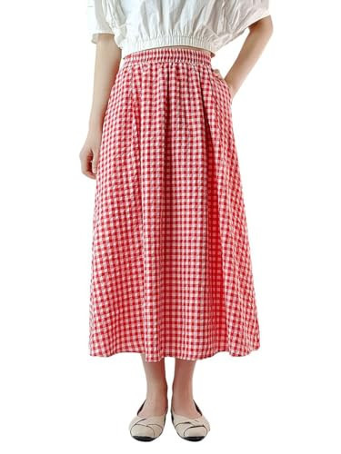 chouyatou Women's Casual Elastic Waist Plaid Skirt Gingham Swing Pleated Midi Long Skirt with Pockets (Large, Red) | Amazon (US)