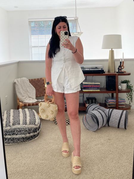 White vest (8) | white shorts (8) | rattan heels (TTS) | rattan natural handbag with pearls | gold jewelry 

Summer outfit, matching set, bride to be, bachelorette outfit 

#LTKstyletip #LTKmidsize #LTKfindsunder50