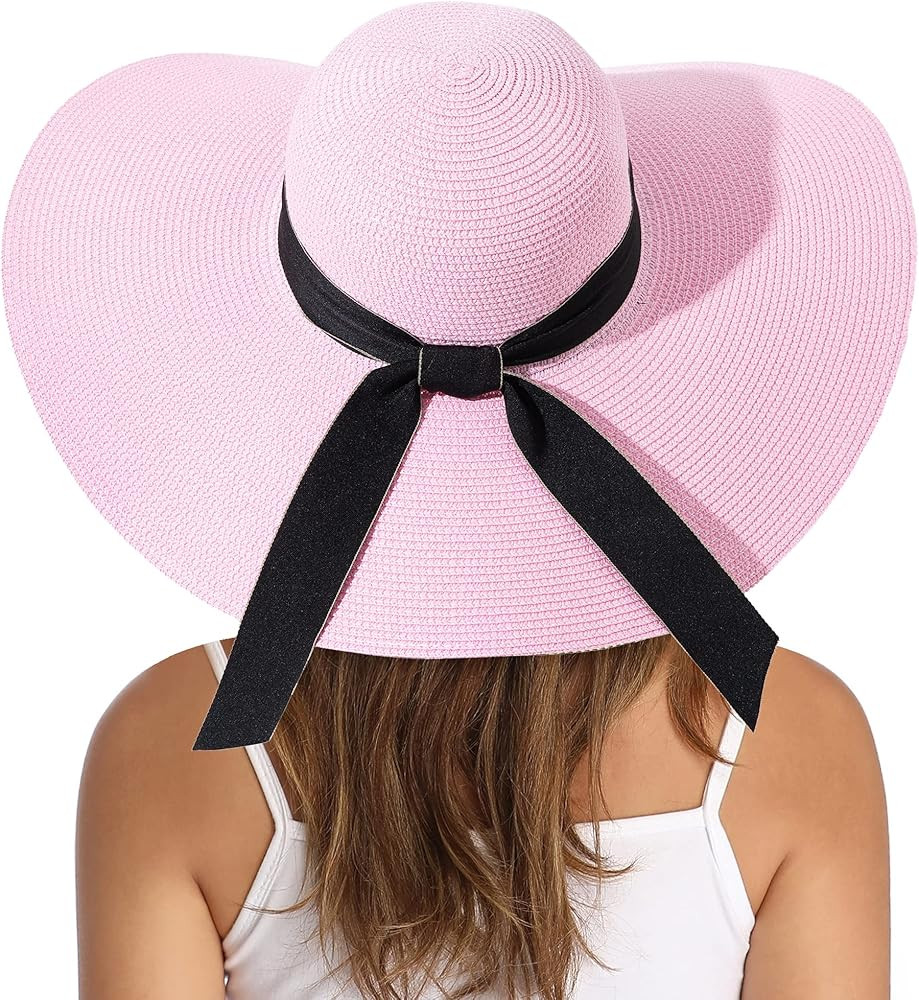 Lanzom Womens Wide Brim Straw Hat Big Floppy Foldable Roll up Cap Beach Sun Hat UPF 50+ | Amazon (US)