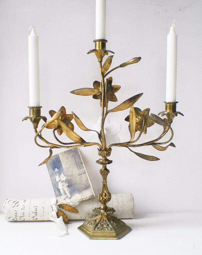 French Church Candelabra 3 Candles French Antique Altar Flower Candlestick White Lilies Flowers -... | Etsy (US)