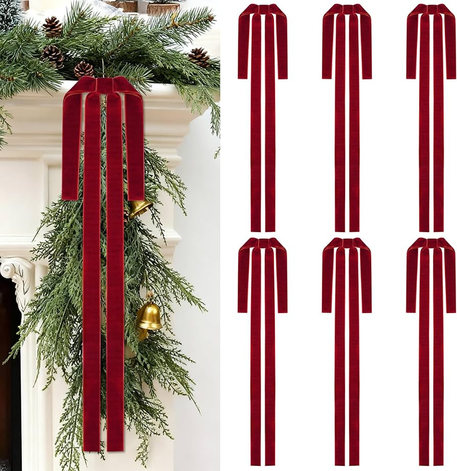 6 Pcs Burgundy Large Velvet Bows Red Velvet Bows for Christmas Tree Decor, 16x24 Inch Long Satin ... | Amazon (US)
