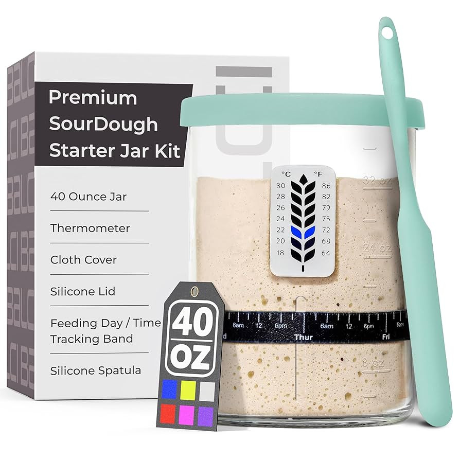 Premium Sourdough Starter Jar - 40oz Large Sourdough Jar with Marked Feeding Band, Thermometer, S... | Amazon (US)