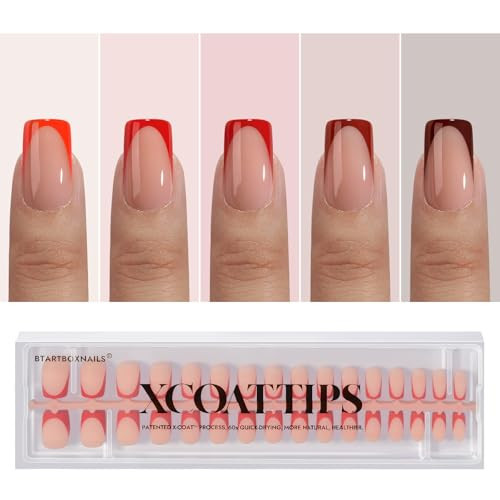 BTArtboxnails XCOATTIPS Red French Tip Press on Nails - Red French Tip Nails Square, Christmas Press on Nails Short, Soak Off Soft Gel Nail Extension 160Pcs | Amazon (US)