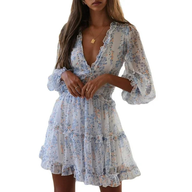 Women Sexy V Neck Long Sleeve Open Back Printed Mini Short Dresses | Walmart (US)