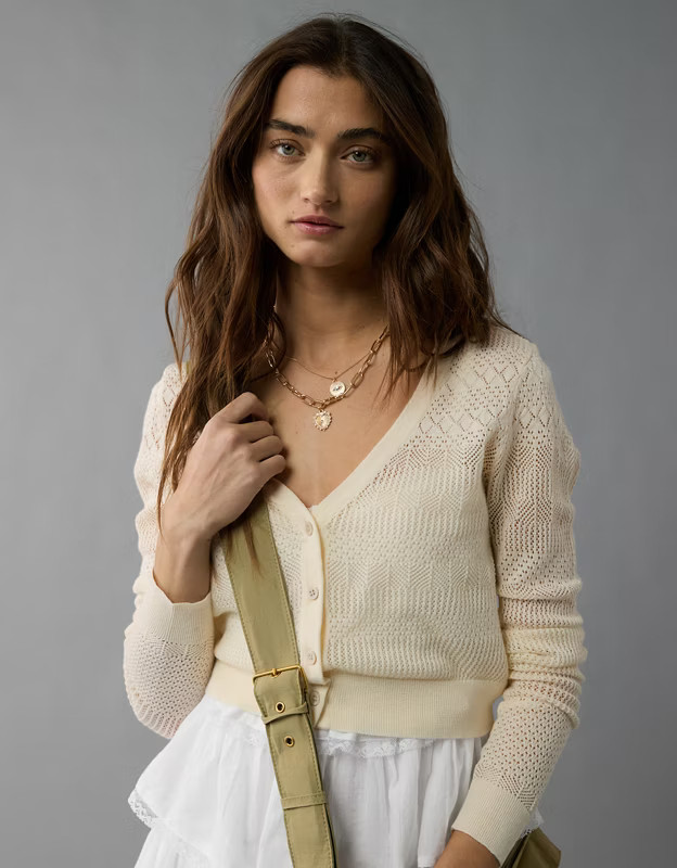 AE Pointelle V-Neck Cardigan | American Eagle Outfitters (US & CA)