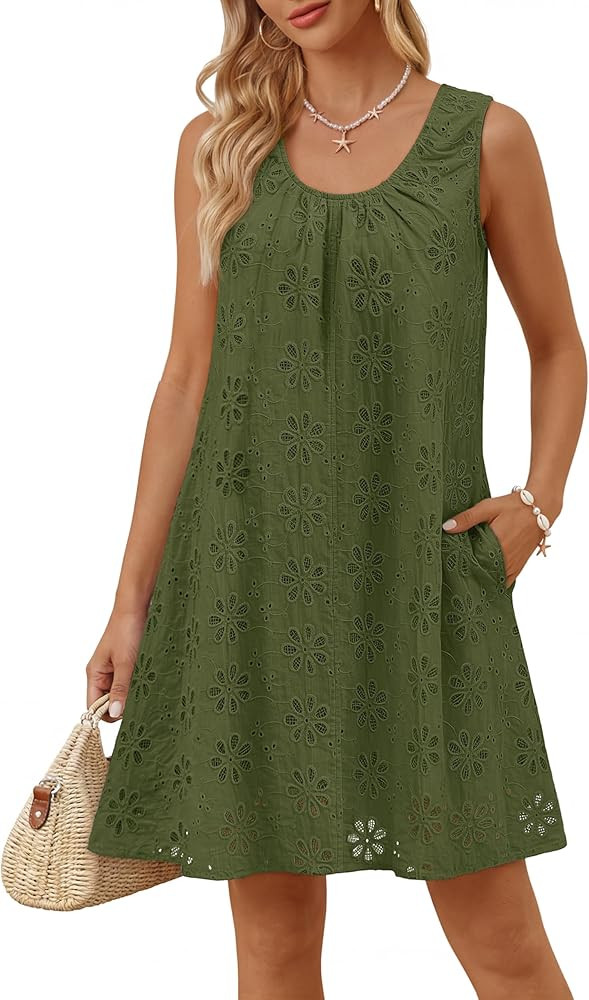 MEROKEETY Women's Summer Eyelet Hollow Out Sundress 2026 Sleeveless Swing A Line Boho Beach Vacat... | Amazon (US)