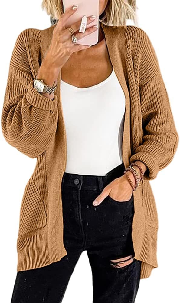 Metyou Women's Long Sleeve Open Front Casual Soft Knit Cardigan Sweater Outwear Coat with Pockets | Amazon (US)