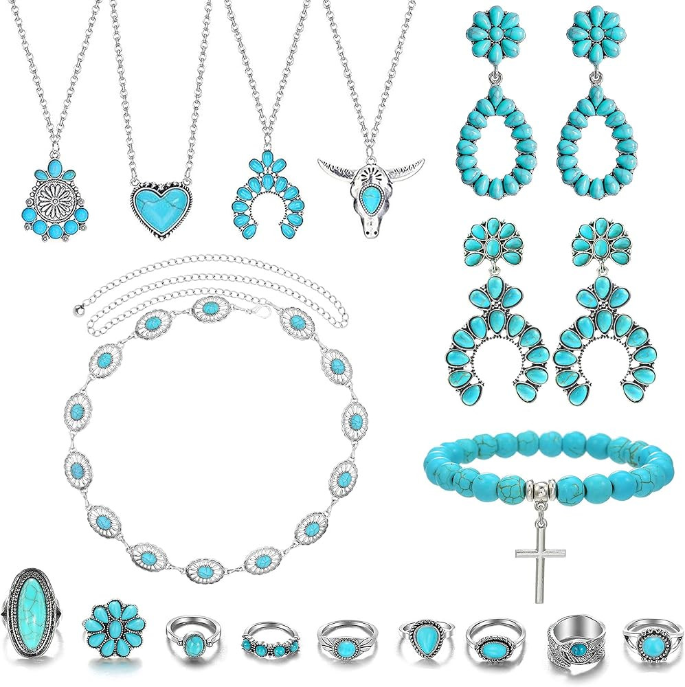 Western Turquoise Jewelry for Women Boho Rings Necklaces Bohemian Earrings Concho Belt Bracelets ... | Amazon (US)