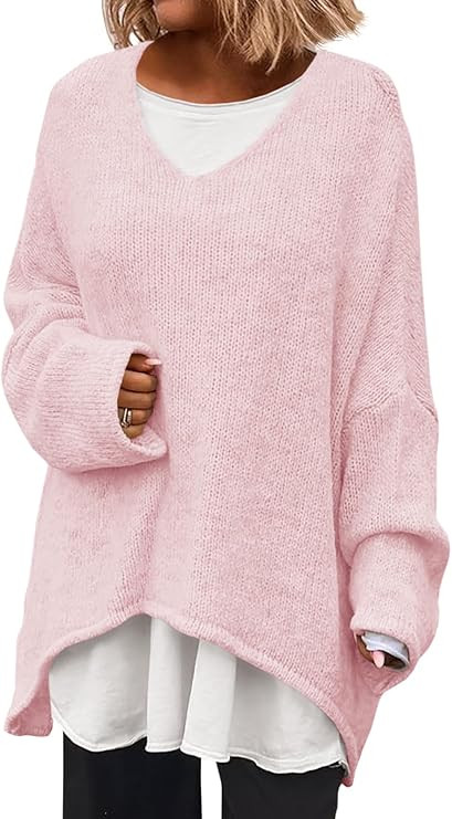 Saodimallsu Womens Oversized V Neck Sweaters Batwing Long Sleeve Knit Fall Slouchy Pullover Sweat... | Amazon (US)