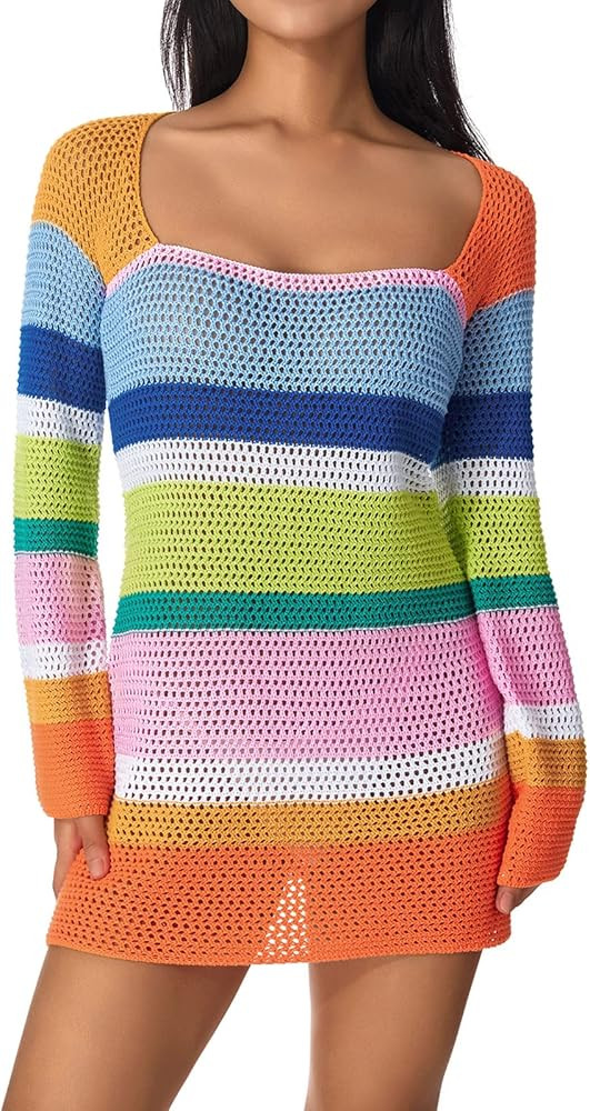 Fabumily Women Crochet Knit Mini Dress Long Sleeve Colorful Mesh Cover Ups Casual Sweater Dress 2... | Amazon (US)