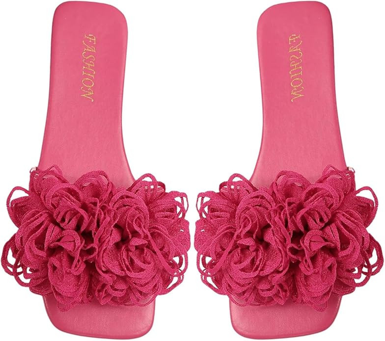 OYOANGLE Women's 3D Floral Flat Sandals Square Open Toe PU Leather Slip on Slides | Amazon (US)