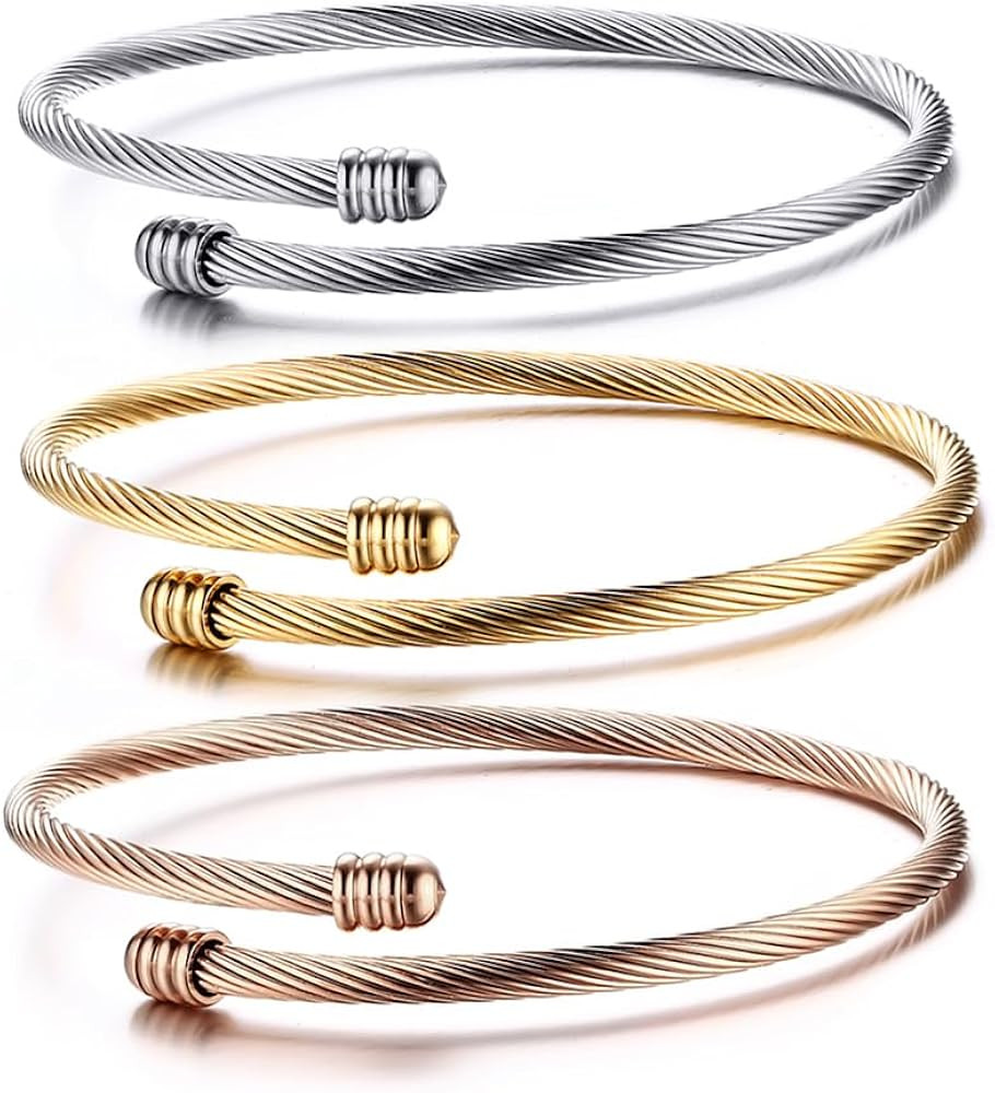 Stainless Steel Triple 3 Stackable Cable Wire Twisted Cuff Bangle Bracelet for Women, Gold/rose/s... | Amazon (US)