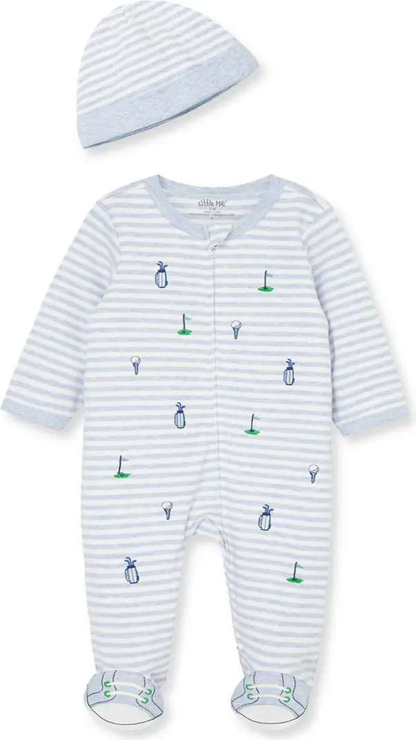Stripe Golf Embroidered Cotton Footie & Hat Set | Nordstrom