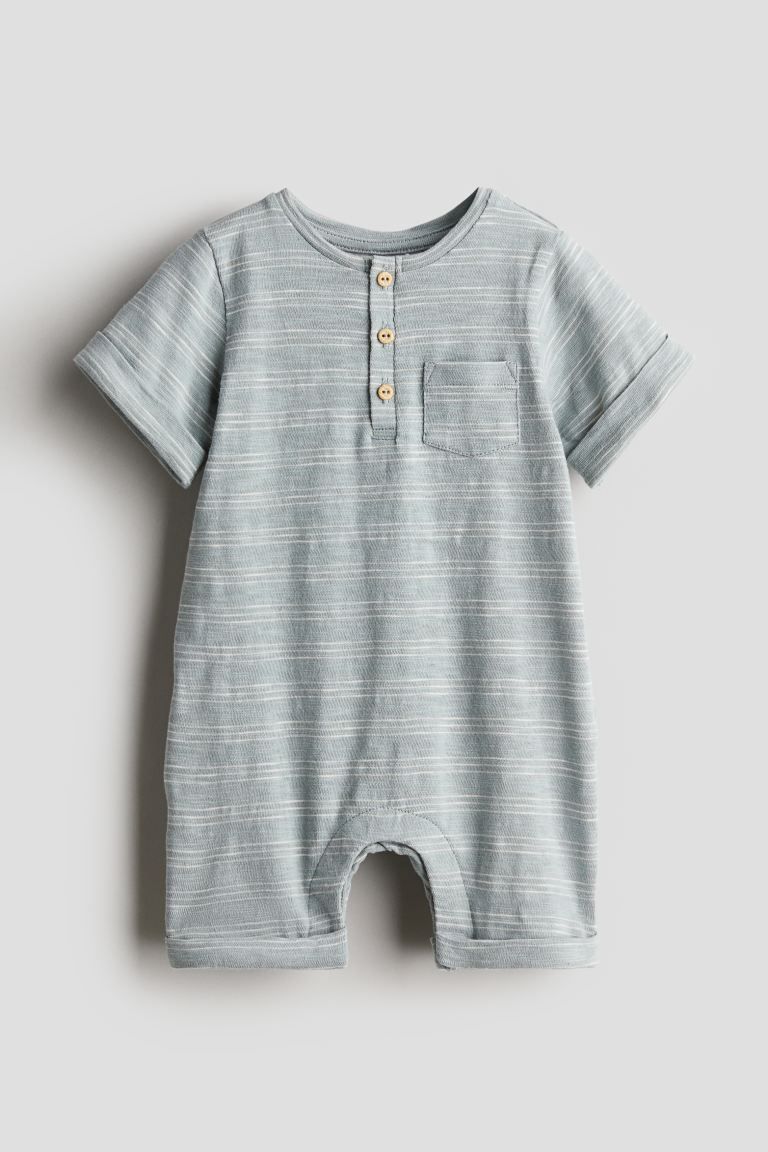 Cotton Romper Suit - Round Neck - Short sleeve - Light turquoise/striped - Kids | H&M US | H&M (US + CA)