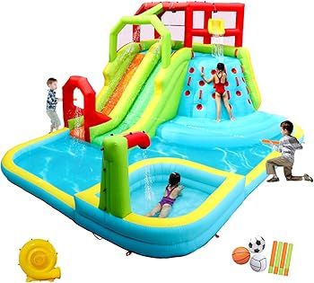 Inflatable Water Slide Park with Splash Pool Climb The Wall, 3 Inflatable Sport Balls and 4 Water... | Amazon (US)
