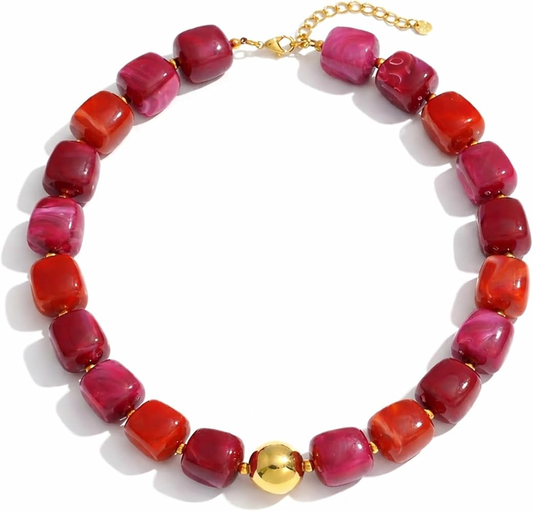 Mchic Colorful Beaded Choker Necklace for Women: Boho Large Square Acrylic Beaded Necklace Stainl... | Amazon (US)