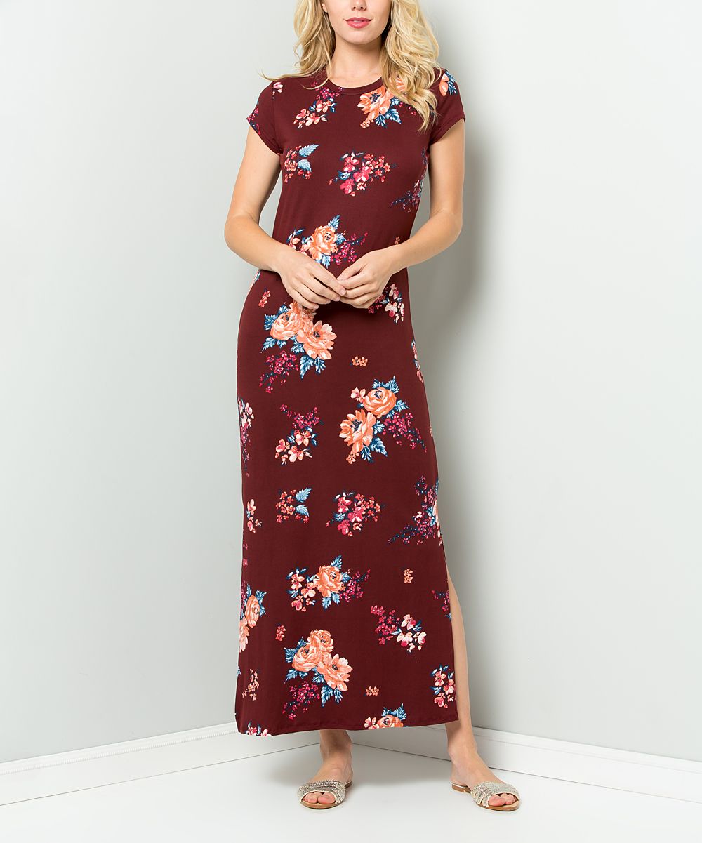 Acting Pro Women's Maxi Dresses Burgundy - Burgundy Floral Side-Slit Fitted Maxi Dress | Zulily