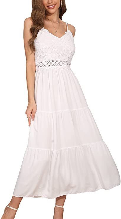 Dokuritu Women's Beach Crochet Lace Maxi Dress Solid Color Summer Vacation Spaghetti Strap Long D... | Amazon (US)