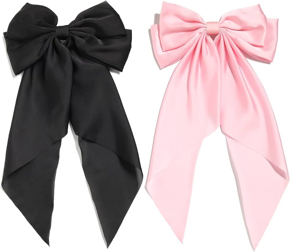 Black Oversized Bow Clips for Women, Pink Satin Silky Hair Ribbon Long Tail, French Barrette Hair... | Amazon (US)