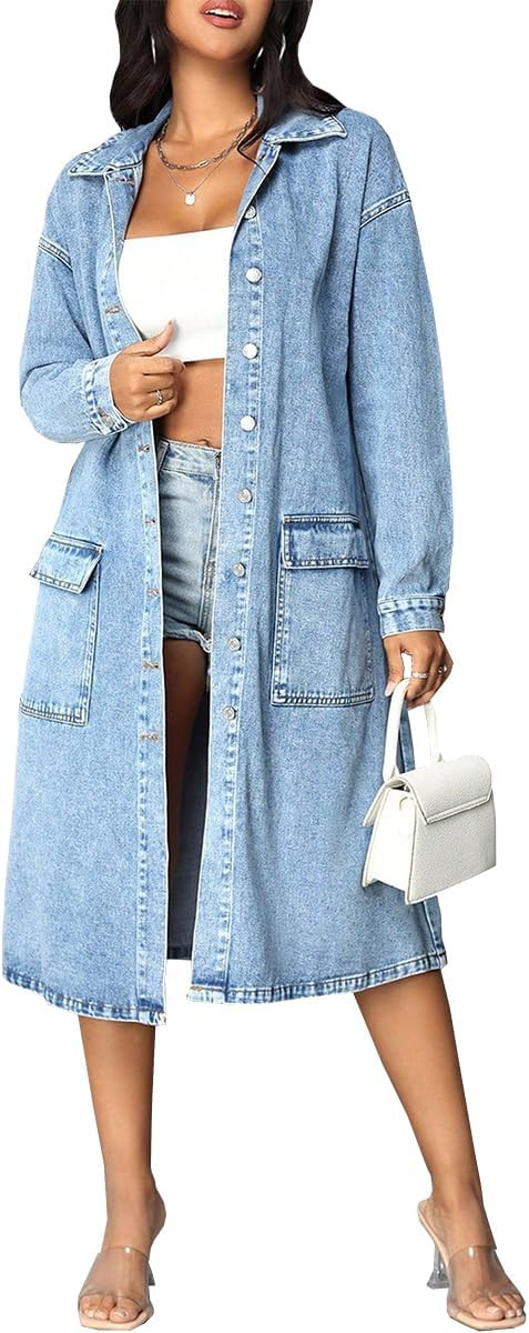 Women's Long Jean Jacket Loose Lapel Buttons Long Sleeve Big Pocket Denim Jacket Trench Coat | Amazon (US)