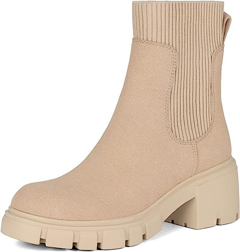 Amazon.com | Rihero Women's Chelsea Boots Lug Sole Platform Ankle Elastic Chunky Heel Booties | A... | Amazon (US)