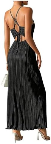 OYOANGLE Women's Summer Textured V Neck Sundress Tie Back Spaghetti Strap Pleated A Line Beach Lo... | Amazon (US)