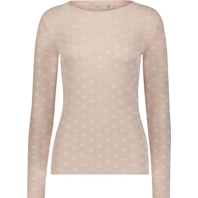 Women's Val Fitted Crew Long Sleeve, Pink Blush Hearts Pointelle | Maisonette