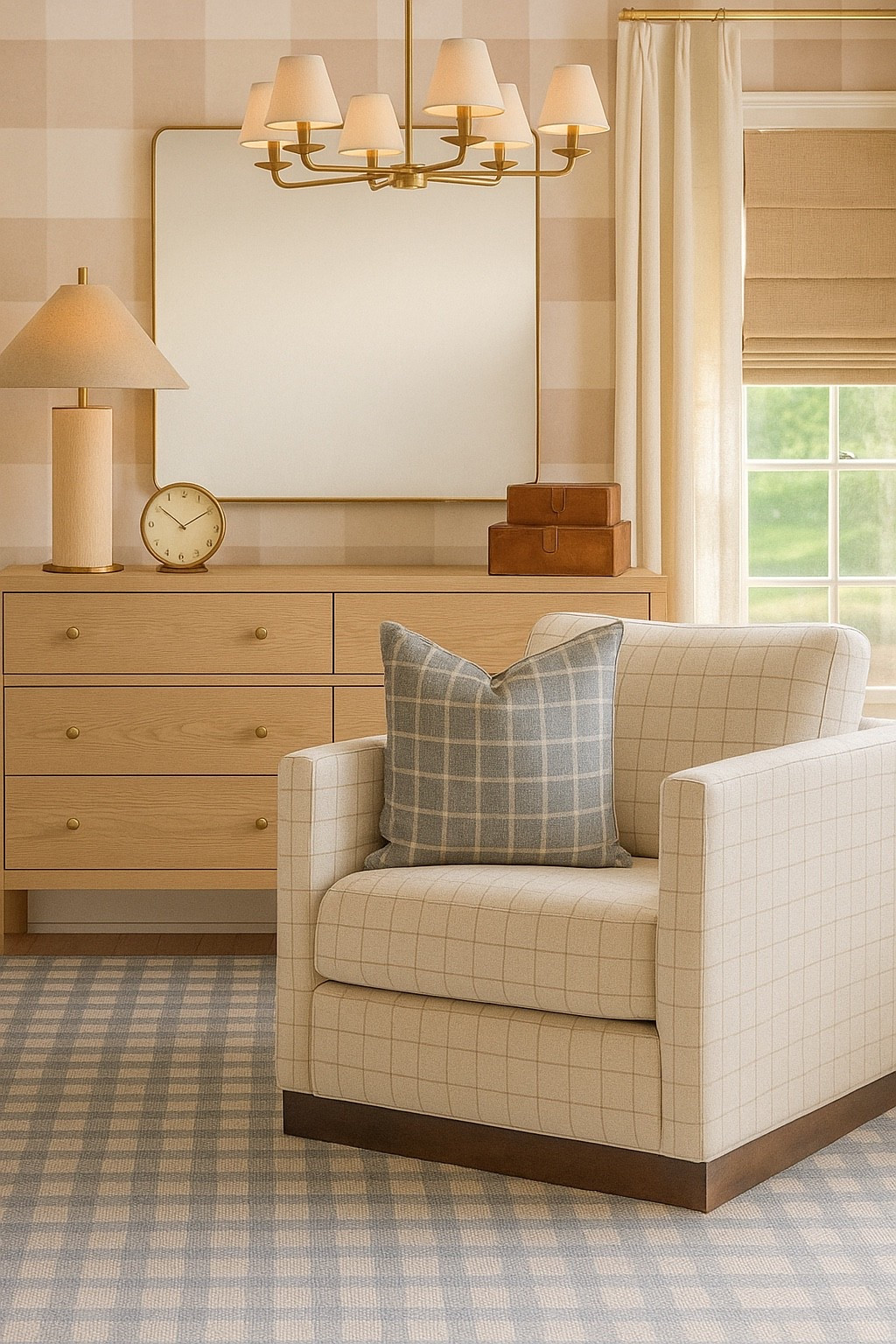 A classic bedroom with neutral and blues 

#bedroom #homedecor #wallpaper #chair #dresser 

#LTKHome #LTKSaleAlert #LTKKids