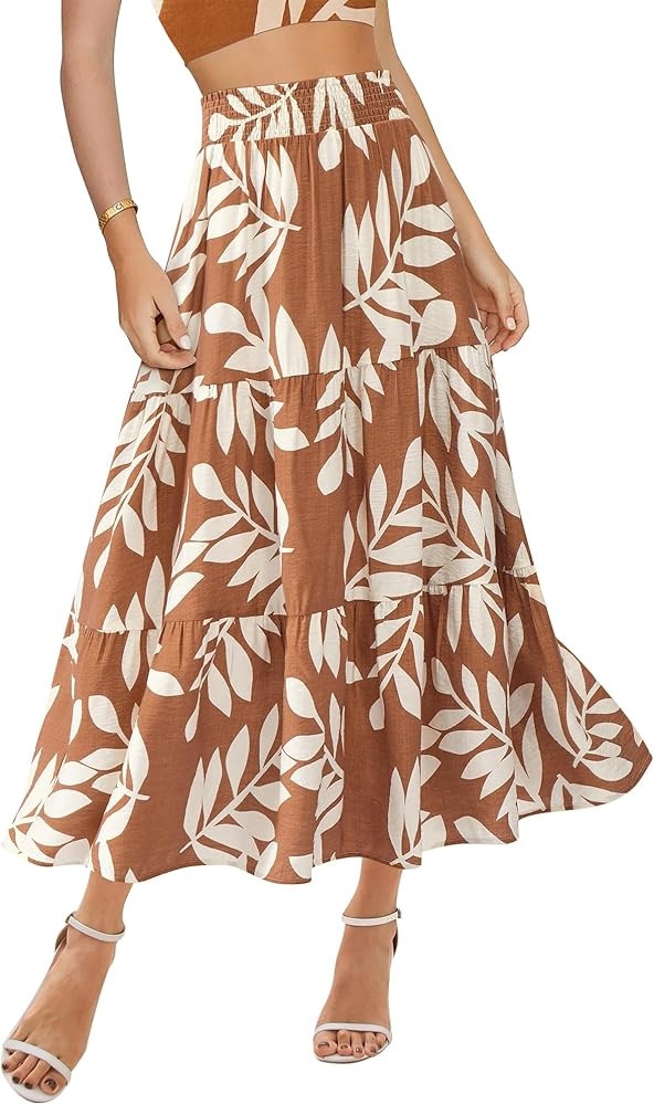 BTFBM Women's Floral Print Midi Maxi Skirts 2025 Summer Casual Aline Elastic High Waist Pleated F... | Amazon (US)