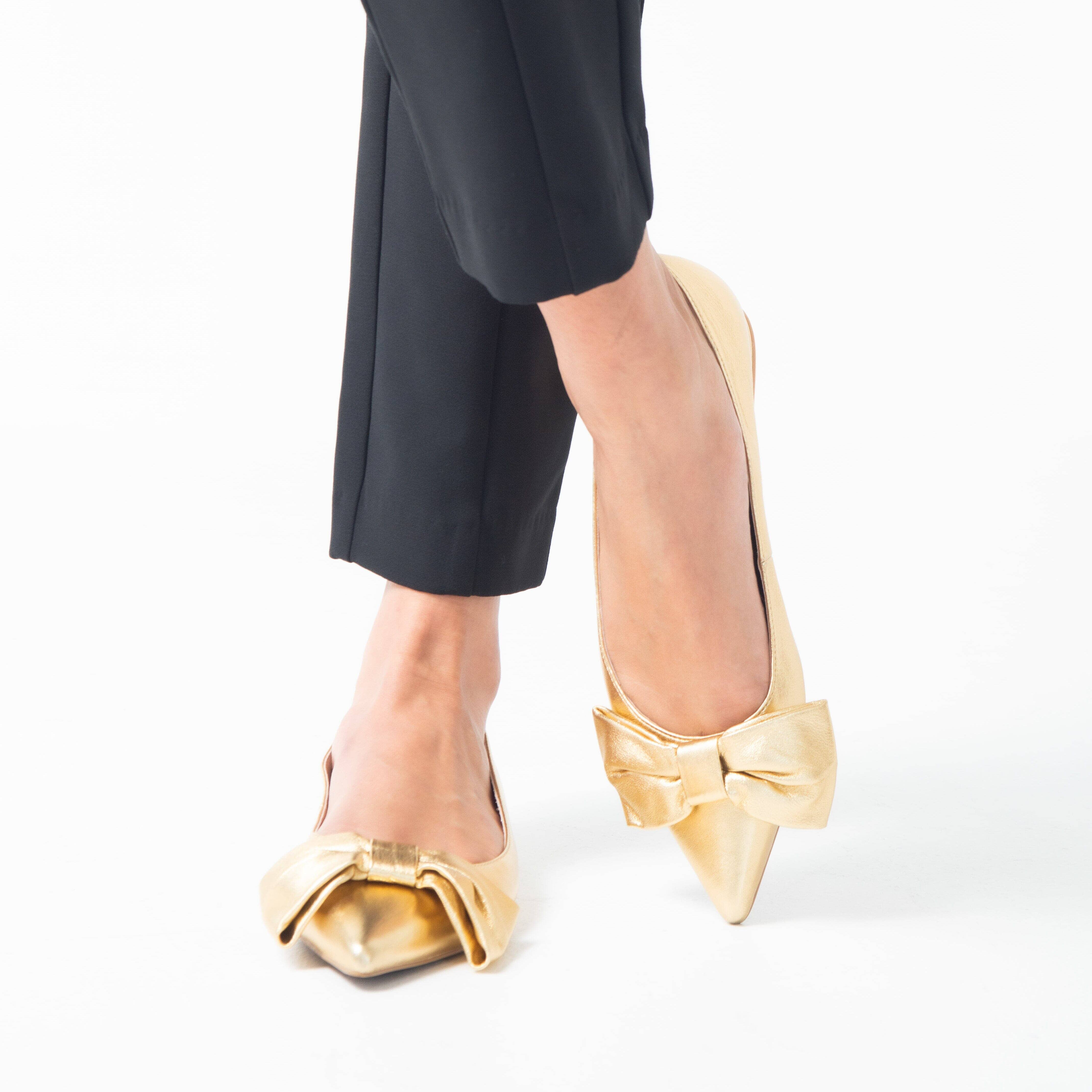 Cecelia New York-Brie bow pointed ballet leather bow flat gold | Cecelia New York