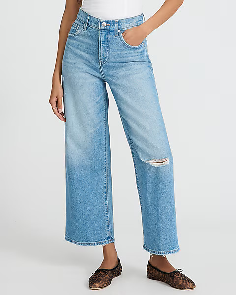 High Waisted Light Wash Ripped Wide Leg Ankle Jeans | Express