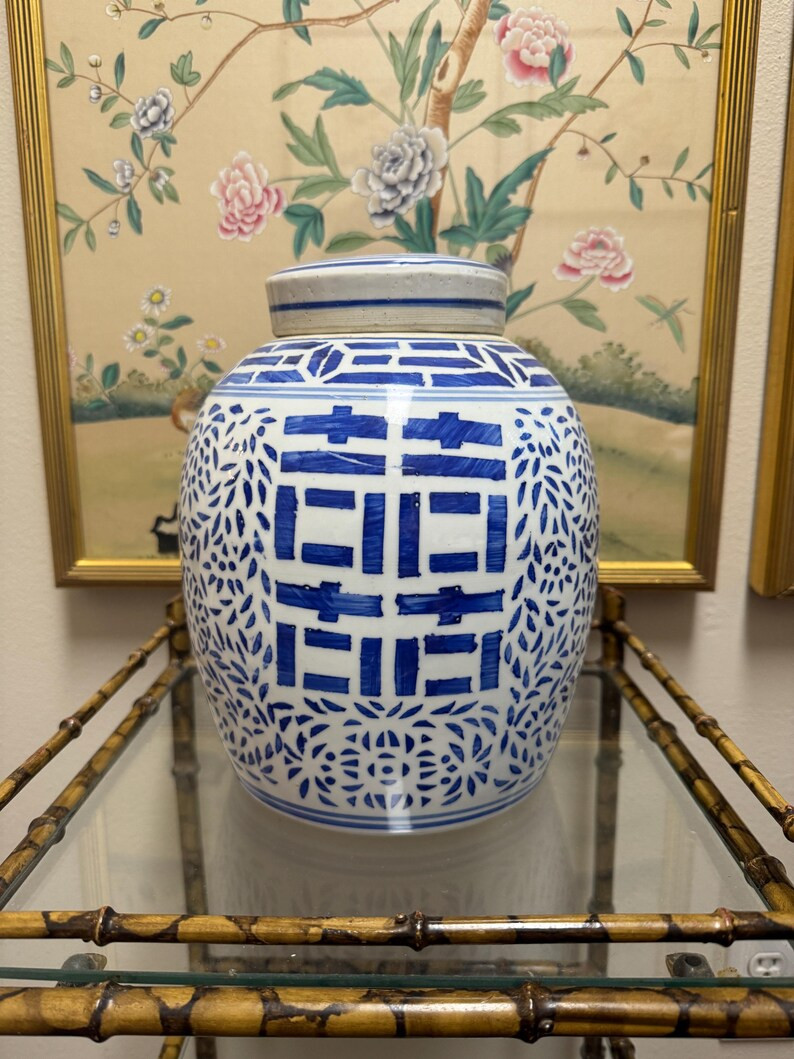 Chinoiserie Hand Painted Blue & White Double Happiness Ginger Jar 10 - Etsy | Etsy (US)