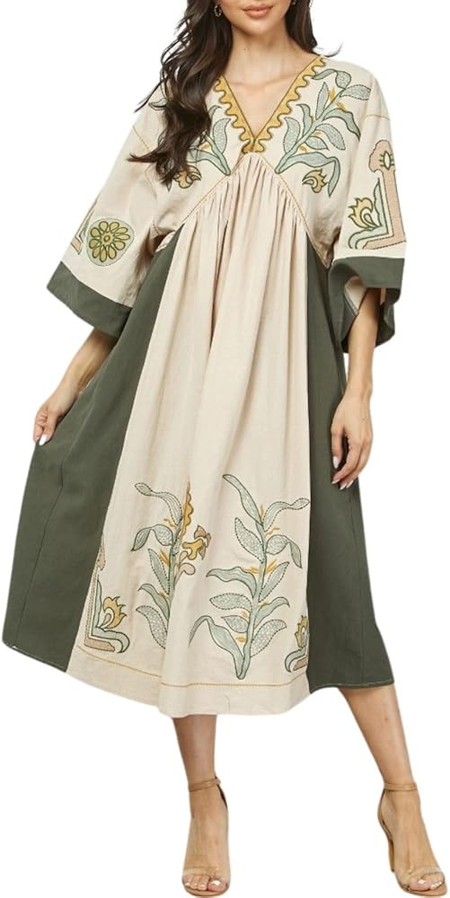Womens Oversized Floral Embroidered Long Dress with V-Neck and 3/4 Sleeves Vintage Embroidery Bab... | Amazon (US)