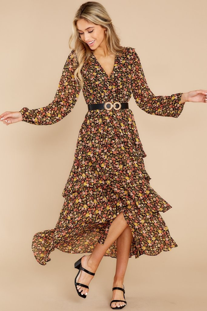 Delightful Moments Black Floral Print Maxi Dress | Red Dress 