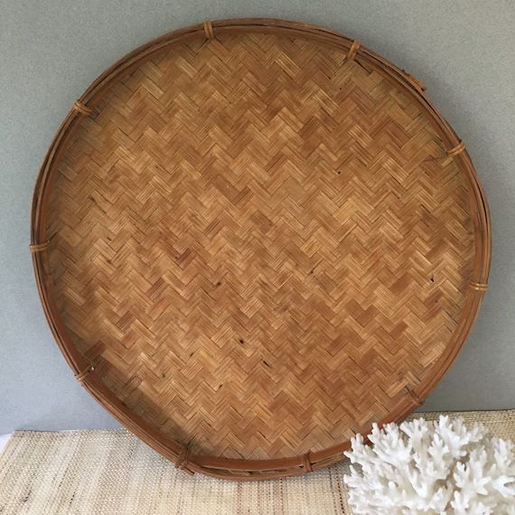 Vintage bamboo tray | bamboo basket | flat basket | winnowing basket | coastal decor | beach decor | Etsy (US)