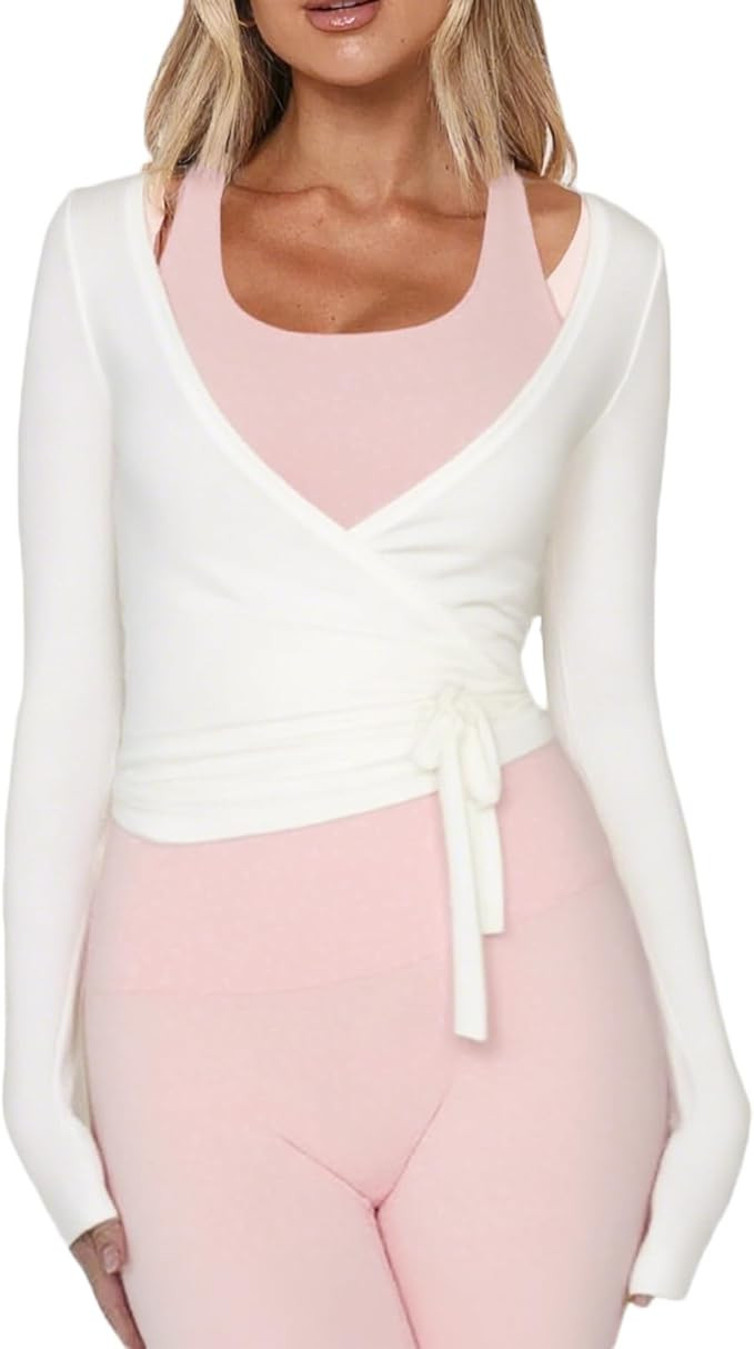 Women Ballet Wrap Top Long Sleeve Self Tie Dance Shirt Pilates Yoga Tops Y2k Workout Active Blous... | Amazon (US)