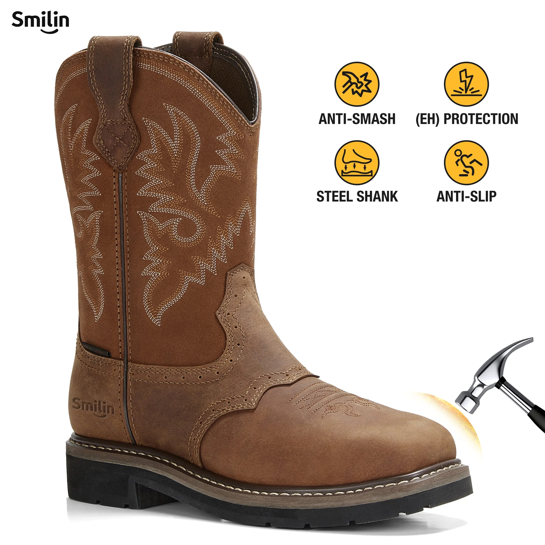 SMILIN Steel Toe Boots For Men Pull-on Western Work Boots,Brown,Size 10 - Walmart.com | Walmart (US)