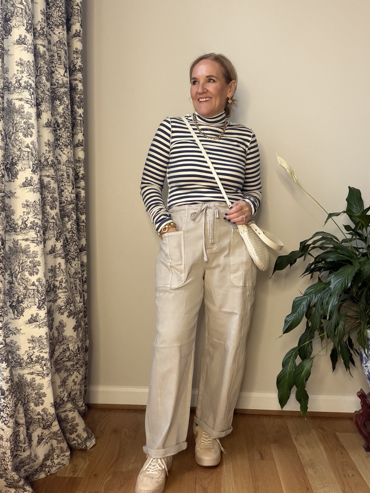 Wearing my regular size. You can size down in the pants if you don’t want them so oversized. Striped turtleneck runs very fitted. Code NANETTE15 15% off one order per customer 
I love social threads butter. Woman owned and run and been in business for years  

#LTKOver40 #LTKPetite #LTKFindsUnder100