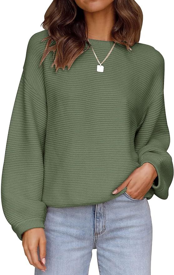 ZESICA Women's 2023 Crew Neck Long Lantern Sleeve Casual Loose Ribbed Knit Solid Soft Pullover Sw... | Amazon (US)