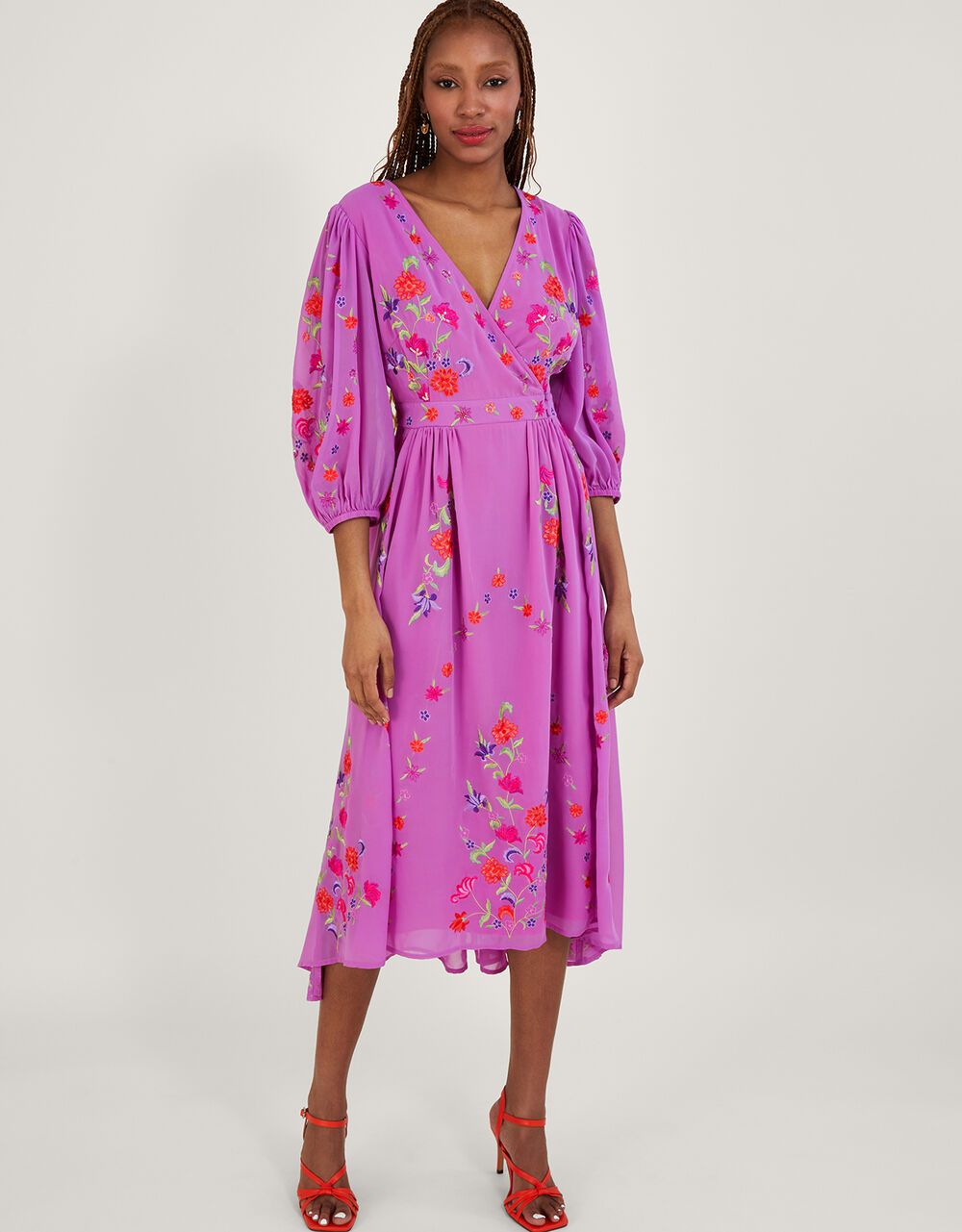 Lusia Embroidered Wrap Dress in Recycled Polyester Purple | Monsoon (UK)