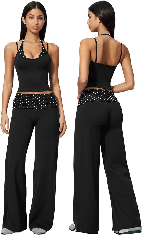 Women Two Piece Workout Set Striped Halter Tank Tops and High Waist Wide Leg Yoga Pants Pilates O... | Amazon (US)