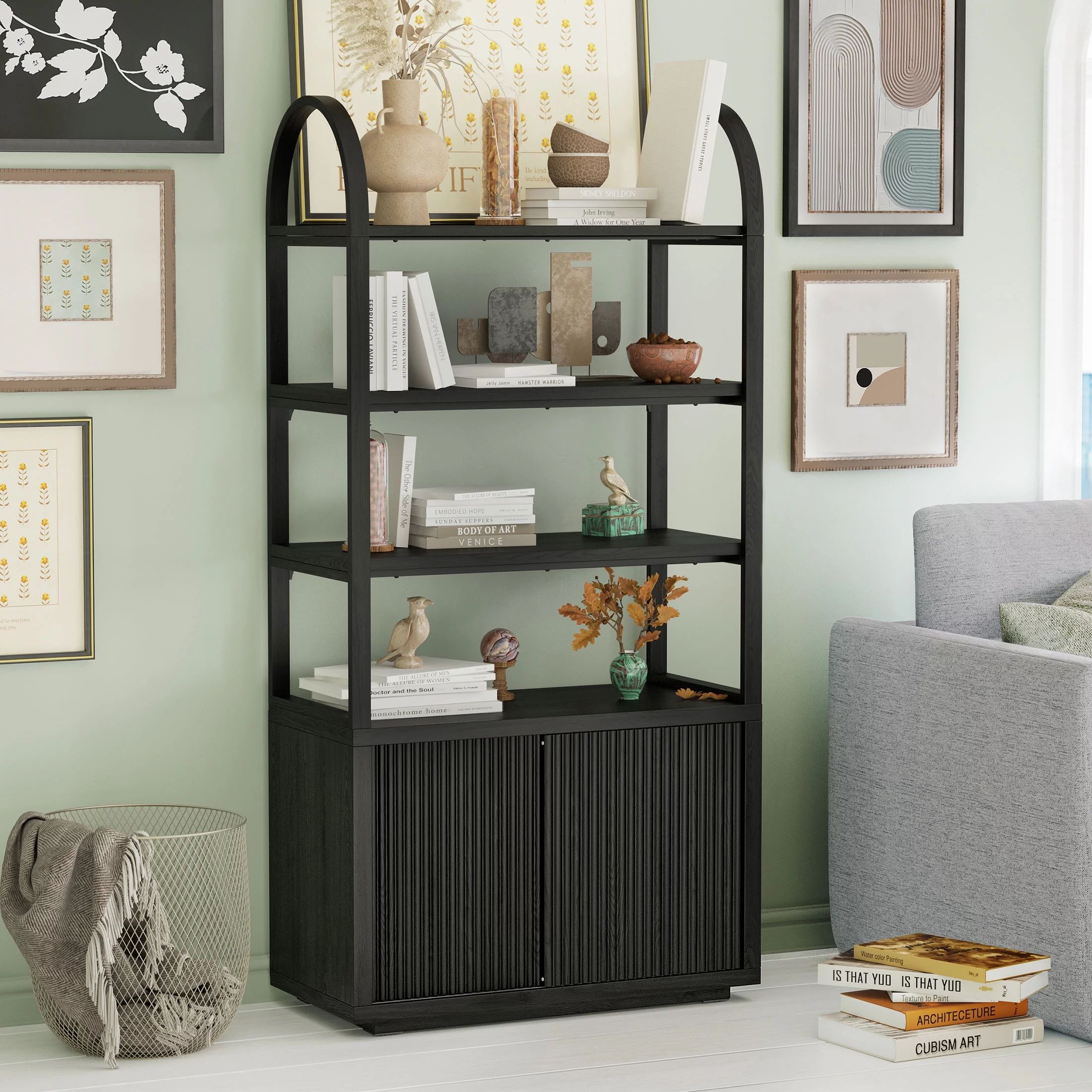 Beautiful Fluted 3-Shelf Bookcase with Storage Cabinet by Drew Barrymore, Rich Black Finish - Wal... | Walmart (US)