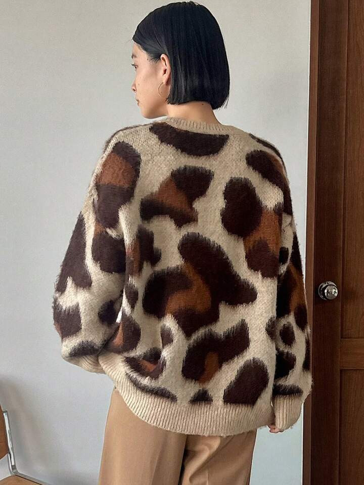 FRIFUL Women's Leopard Print Drop Shoulder Sweater,Ladies Late Fall Casual Long Sleeve Loose Coff... | SHEIN