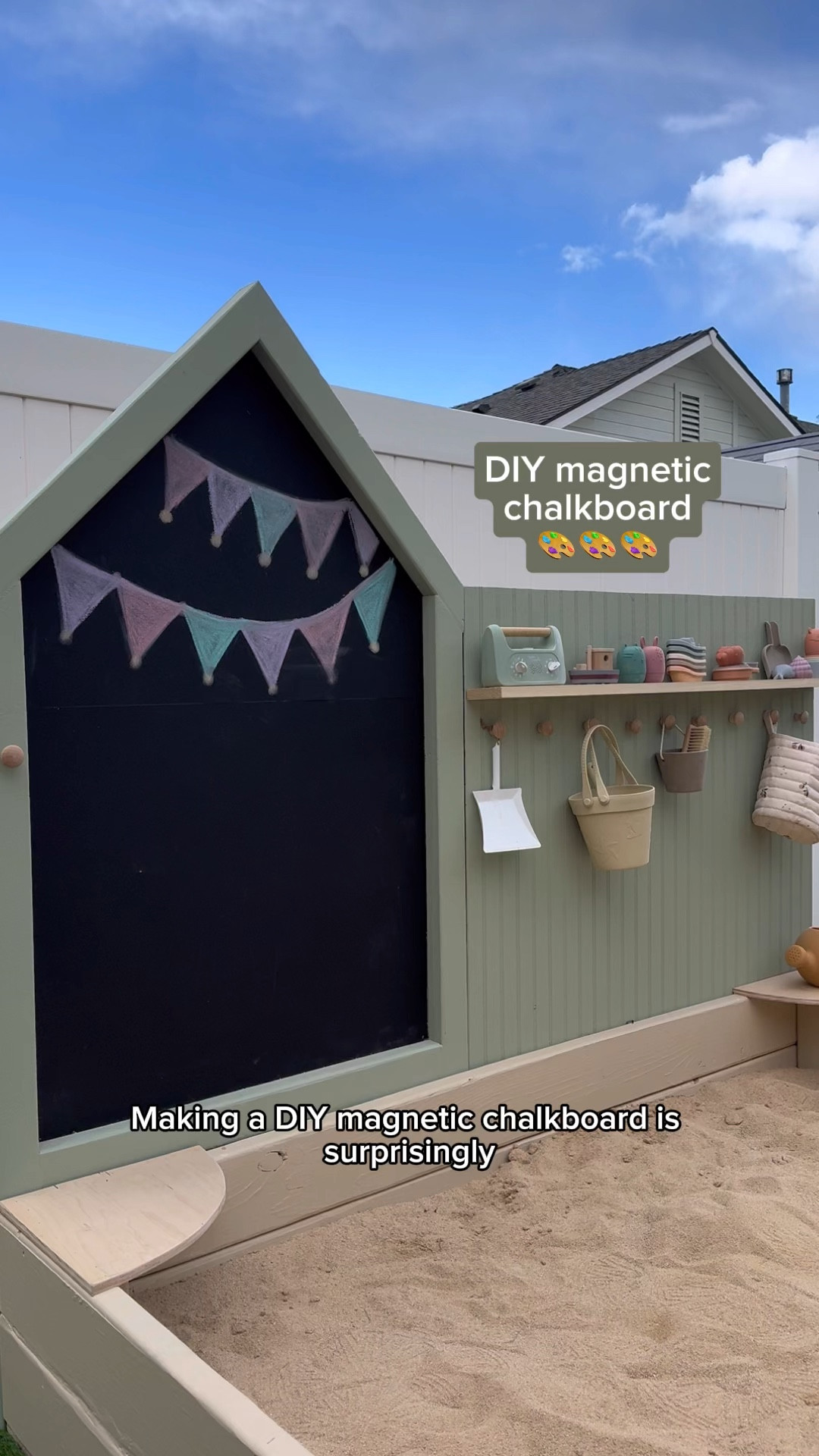 To make a DIY magnetic chalkboard all you need is four pieces of material. 

You start out by cutting 1/2in plywood into your desired shape, we cut ours into a house. 

Then you take galvanized sheet metal and cut it into the same shape. 

Adhere the galvanized sheet metal to the plywood, using liquid nails and let it for 24 hours. 

We taped down our edges to make them extra secure while it was drying. 

Then you paint it with matte black exterior paint, this works better than chalk paint. And that’s it! We decided to add a frame around ours using, 2x3’s.

I’ve linked the exact materials and paint we used!

| DIY home project, sandbox, kid backyard play space, DIYs, screen free, toddler activities |

#DIY #DIYS #DIYhomeproject #homeDIY #sandbox #kidbackyard #playspace #DIYs #screenfree #toddleractivities 

#LTKhome #LTKfamily #LTKkids