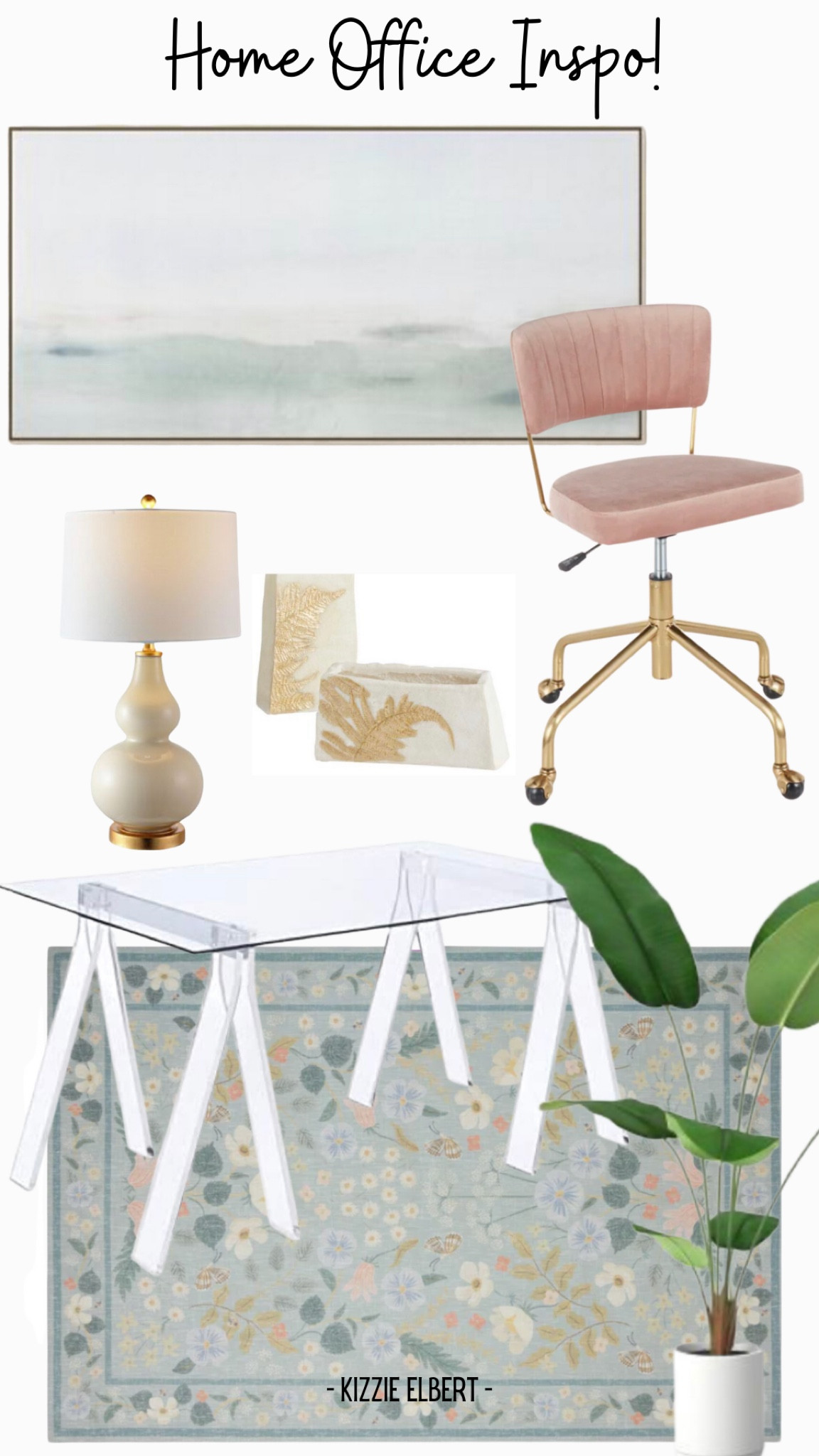 Home office, inspiration! Watercolor, campus, clear, acrylic, desk, white and gold table lamp, so plants, pink, velvet chair with gold accents, light blue area, rug!

#LTKunder100 #LTKhome